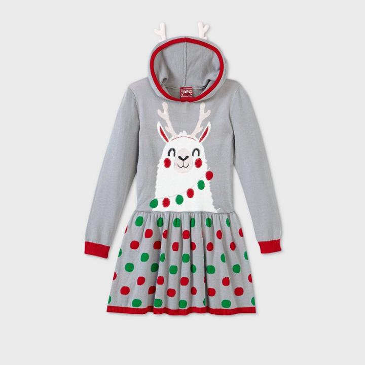 Well Worn Girls' Llama Antlers Hood Sweater Dress - Gray