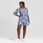 Women's Plus Size Floral Print 3/4 Sleeve Off The Shoulder Romper - Xhilaration Blue X