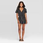 Women's Striped Short Sleeve V-neck Wrap Front Romper - Xhilaration Black