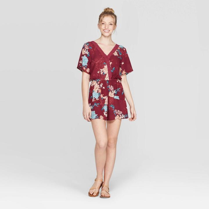 Women's Floral Print Short Sleeve Deep V-neck Lace Trim Wrap Romper - Xhilaration Wine (red)
