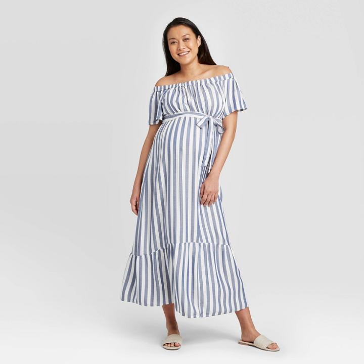 Striped Short Sleeve Woven Maternity Dress - Isabel Maternity By Ingrid & Isabel Blue/white