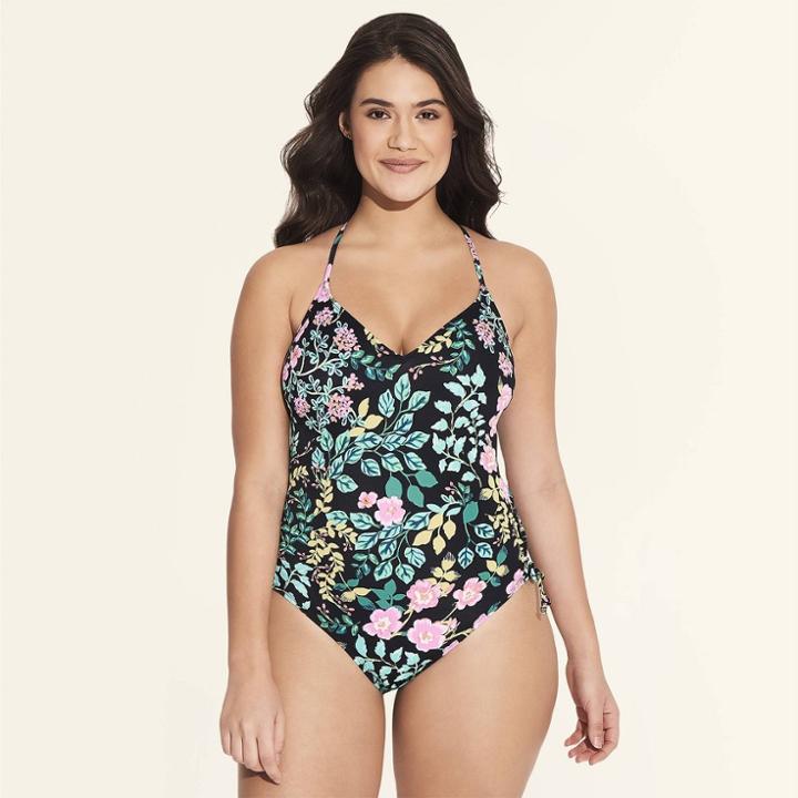 Women's Slimming Control Lace-up One Piece Swimsuit - Beach Betty By Miracle Brands Black Floral