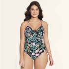 Women's Slimming Control Lace-up One Piece Swimsuit - Beach Betty By Miracle Brands Black Floral