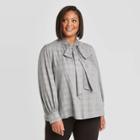 Women's Plus Size Plaid Long Sleeve Tie-neck Blouse - A New Day Gray