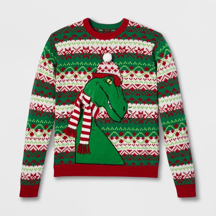 33 Degrees Men's Ugly Christmas Scarf Raptor Long Sleeve Pullover Sweater - Red L, Size: Large, Green Red