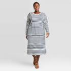 Women's Plus Size Striped Puff Long Sleeve T-shirt Dress - Universal Thread White