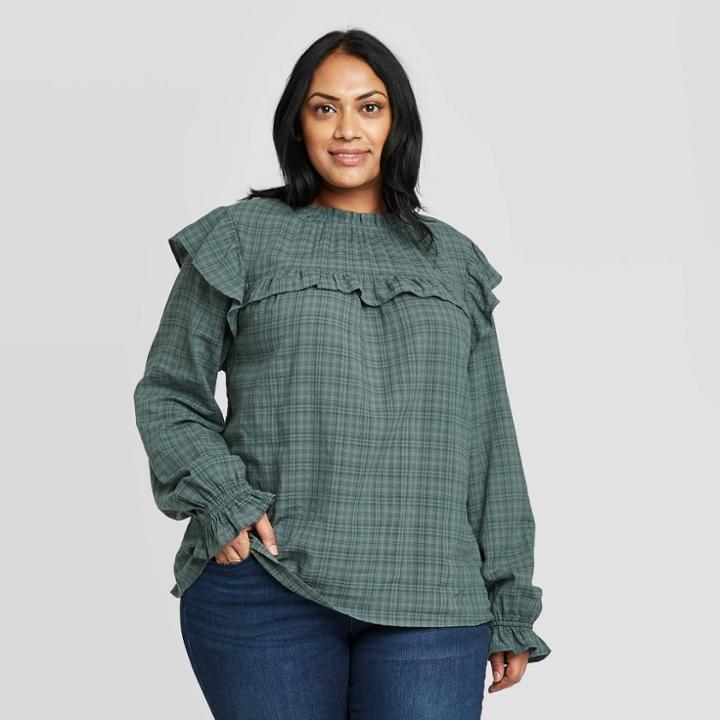 Women's Plus Size Long Sleeve High Neck Ruffle Blouse - Universal Thread Teal X, Women's, Blue
