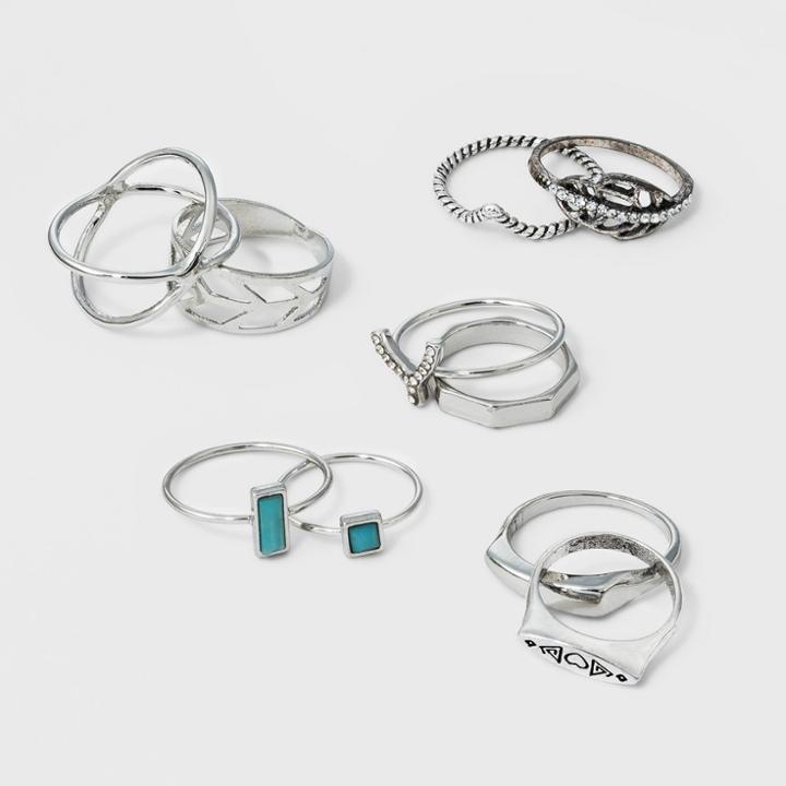 Target Women's Ring Set Ten Pack With Wishbone And Leaf Rings - Rhodium, Dark