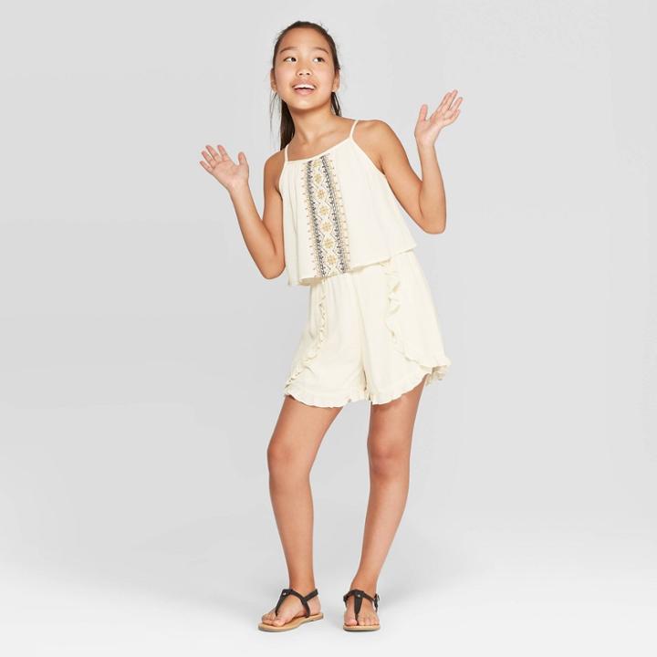 Girls' Embroidered Front Tank Romper - Art Class Cream