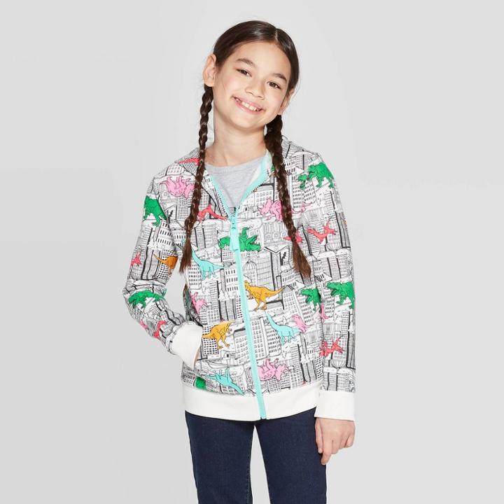 Girls' Long Sleeve Dinosaur Print Hoodie - Cat & Jack Cream