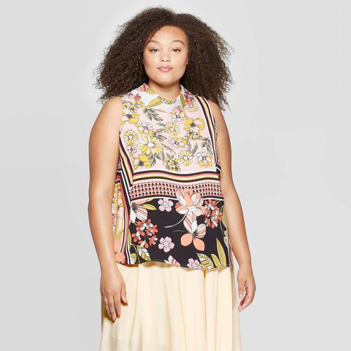 Women's Plus Size Floral Print Mock Neck Scarf Print Tank Top - Who What Wear Pink