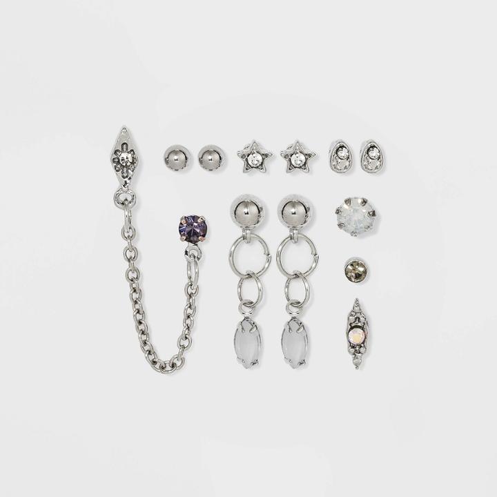 Chain And Stone Stud Earring Set 10pc - Wild Fable Dark