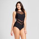 Women's Mesh Inset High Neck One Piece - Aqua Green Black