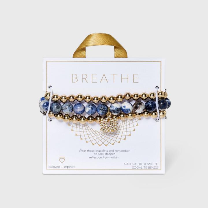 Beloved + Inspired Gold Jade With Lotus Charm Trio Stretch Beaded Bracelet