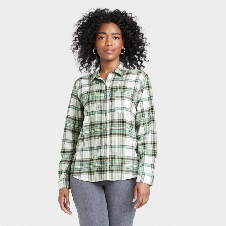 Women's Long Sleeve Flannel Button-down Shirt - Universal Thread Dark Green Plaid