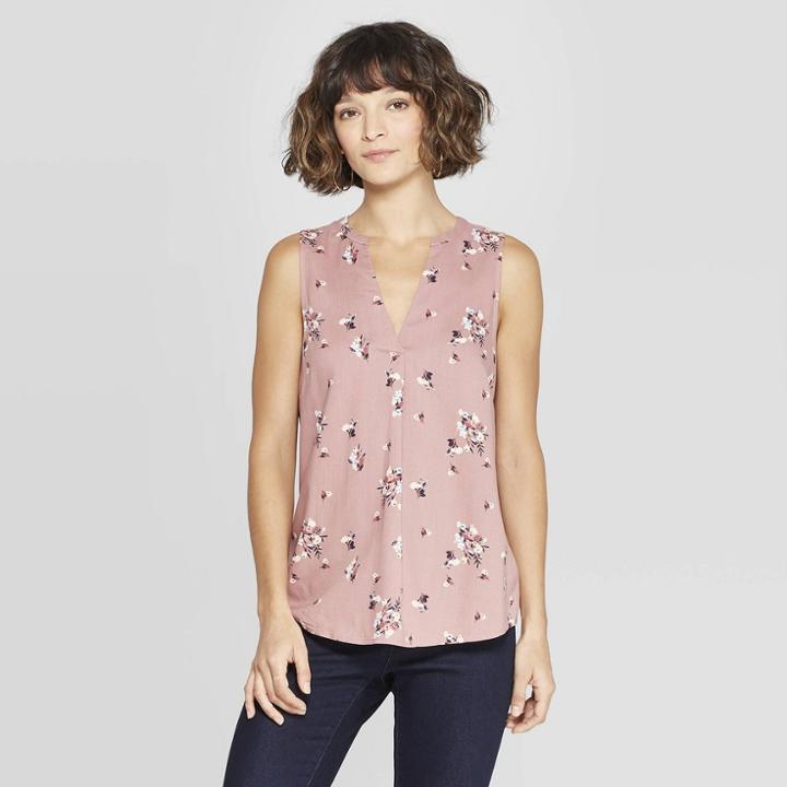 Women's Floral Print Sleeveless Deep V-neck Popover Blouse - A New Day Dark Pink