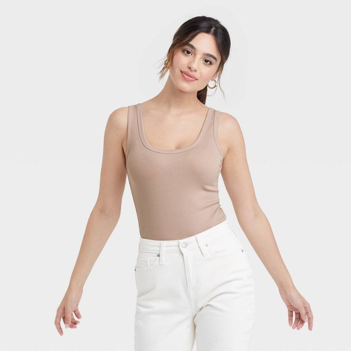 Women's Double-scoop Bodysuit - A New Day Beige