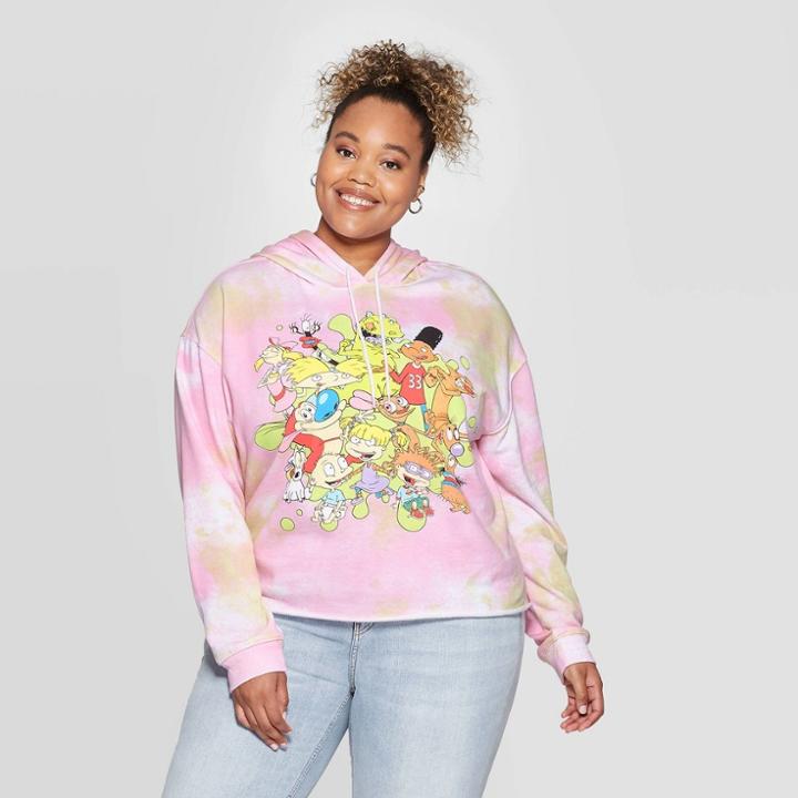 Women's Nickelodeon Plus Size Tie Dye Long Sleeve Cropped Sweatshirt (juniors') - White 1x, Women's,