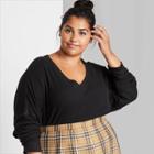 Women's Plus Size Long Sleeve V-neck Cozy Rib T-shirt - Wild Fable Black