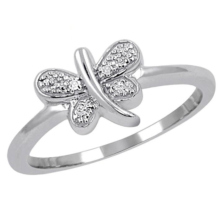 Target Women's Sterling Silver Accent Round-cut White Diamond Pave Set Butterfly Ring - White