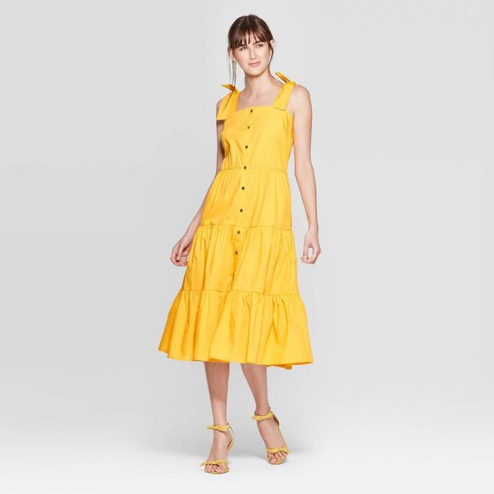Women's Sleeveless Square Neck Tiered Button Front A Line Midi Dress - Who What Wear Yellow