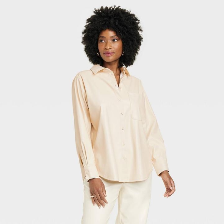 Women's Long Sleeve Faux Leather Button-down Shirt - A New Day Cream
