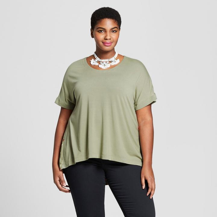Women's Plus Size Mixed Media Short Sleeve T-shirt - Ava & Viv Olive Floral Print