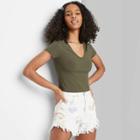 Women's Short Sleeve V-neck Slim Fit T-shirt - Wild Fable Olive Green