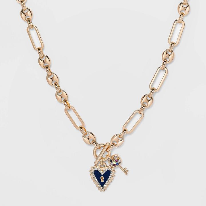 Sugarfix By Baublebar Heart And Key Pendant Link Chain Necklace, Black/blue