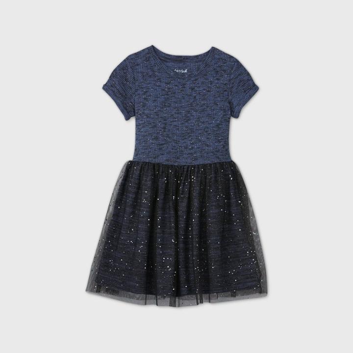 Girls' Short Sleeve Sparkle Ribbed Cozy Tulle Dress - Cat & Jack Navy
