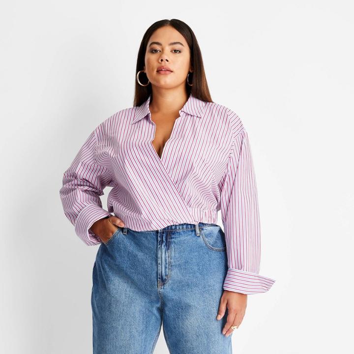 Women's Plus Size Striped Long Sleeve Crop Blouse - Future Collective With Kahlana Barfield Brown Blue/red