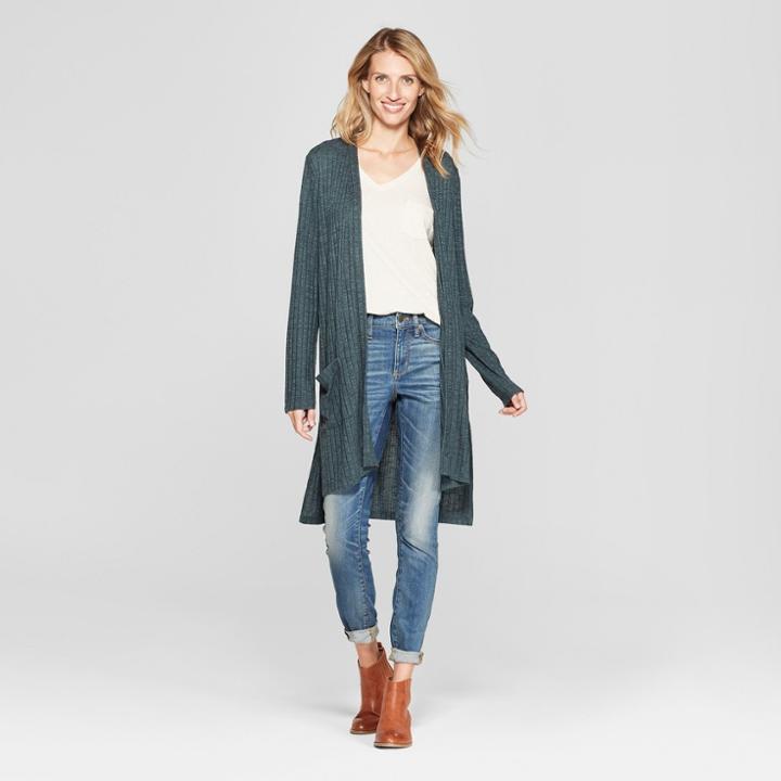 Women's Long Sleeve Lace-up Back Open Rib Cardigan - Knox Rose Forest Green