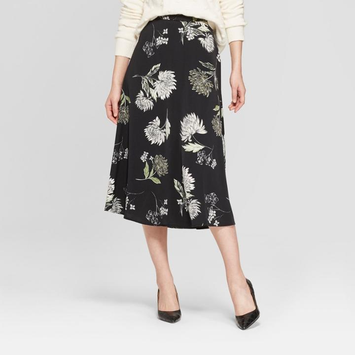 Women's Floral Print Full Silky Midi Skirt - Who What Wear Black/green