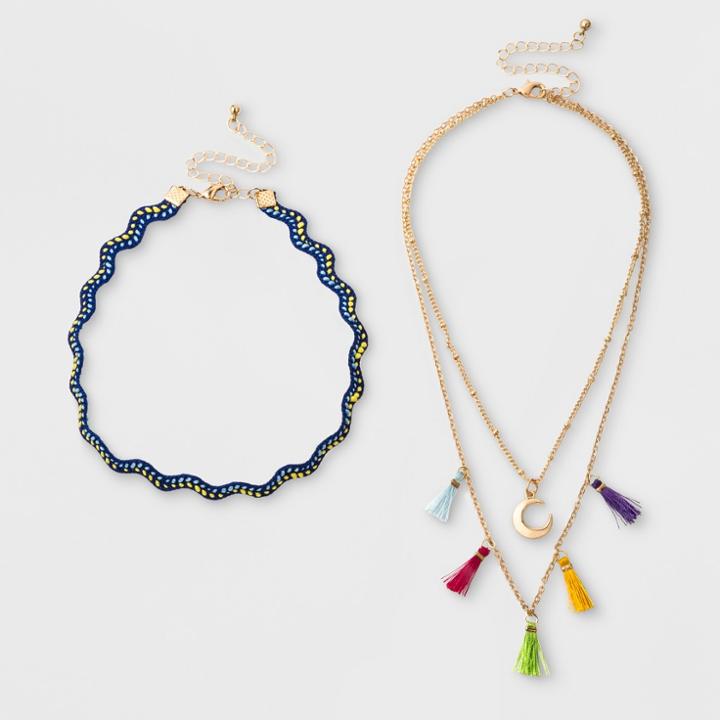 Girls' 2pk Tassels & Moon Charm Layered Choker Set - Cat & Jack One Size,
