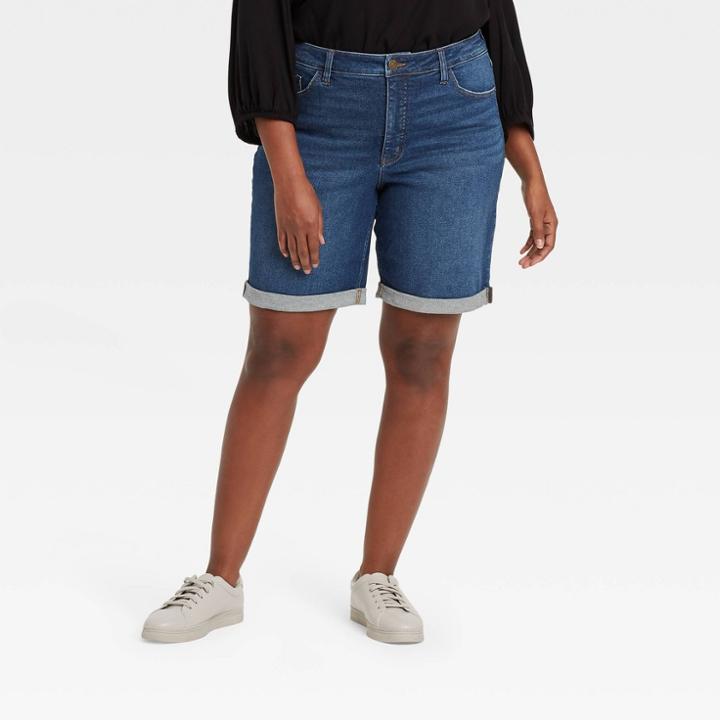 Women's Plus Size Roll Cuff Midi Jean Shorts - Ava & Viv Dark Wash