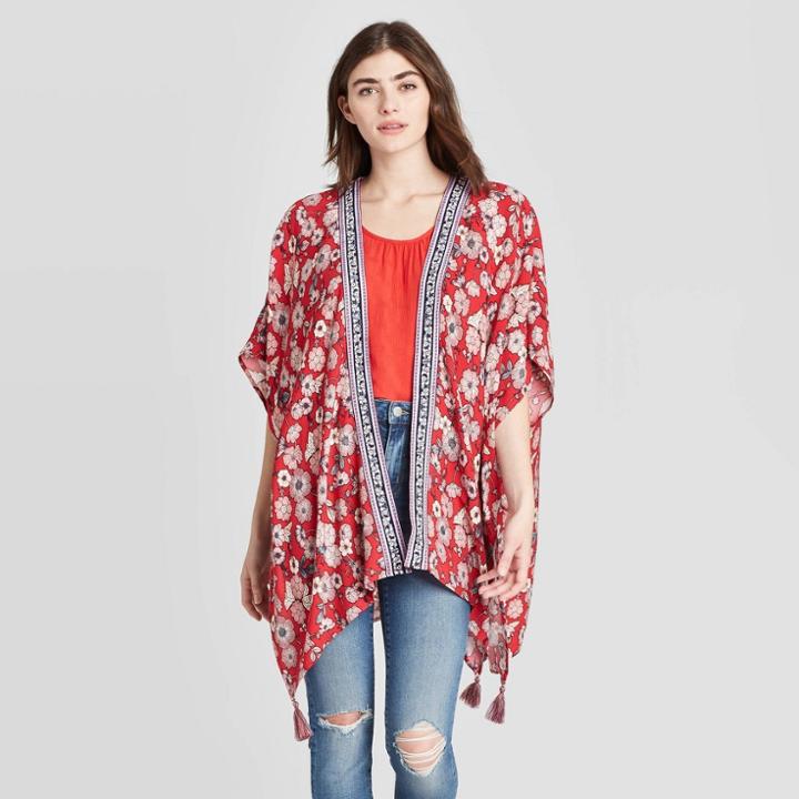 Women's Floral Print 3/4 Sleeve Kimono Jacket - Knox Rose Red Xs/s, Women's,