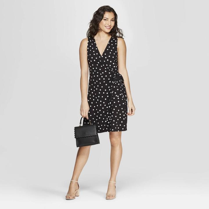 Women's Polka Dot Sleeveless V-neck Wrap Dress - A New Day Black/white