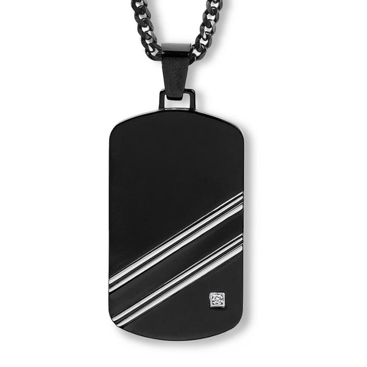 Men's Crucible Blackplated Stainless Steel Polished Cubic Zirconia Dog Tag Pendant, Black