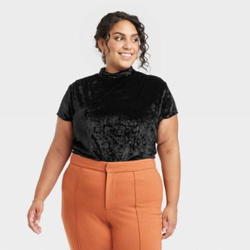 Women's Plus Size Short Sleeve Slim Fit Mock Turtleneck Velvet T-shirt - A New Day Black