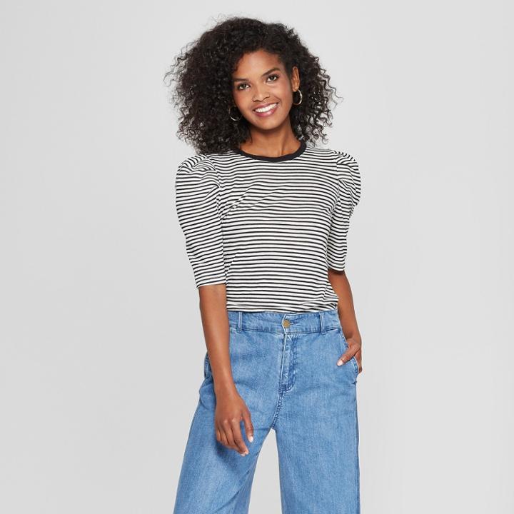 Women's Striped Puff Sleeve Ringer T-shirt - Who What Wear Black/white L, Black/white