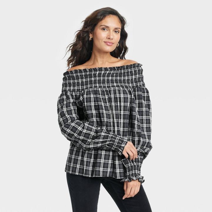 Women's Balloon Long Sleeve Smocked Blouse - Universal Thread Charcoal Gray Plaid