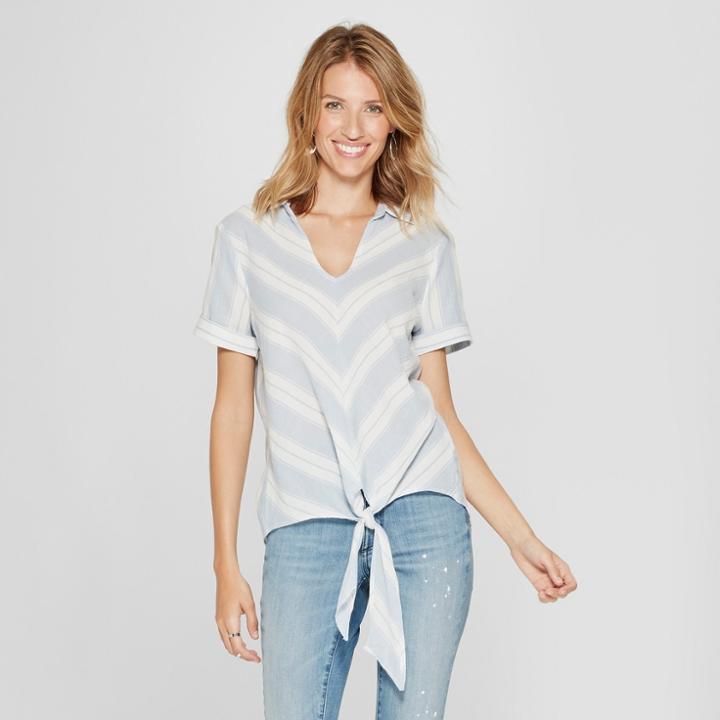 Women's Striped Short Sleeve Chevron Tie Front Shirt - Lux Ii - Blue/white