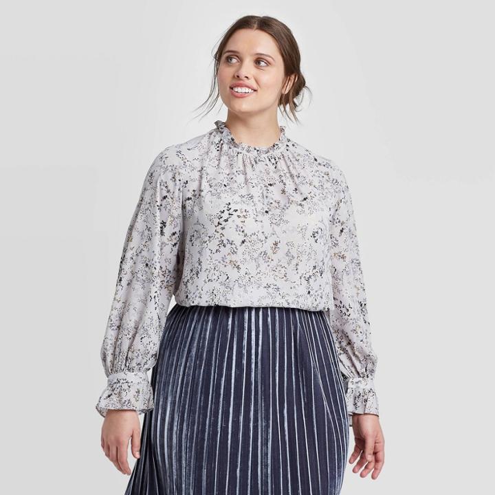 Women's Plus Size Floral Print Long Sleeve Crewneck Detail Blouse - Ava & Viv Gray X, Women's