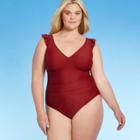Women's Plus Size Cap Sleeve Plunge One Piece Swimsuit - Kona Sol Burgundy