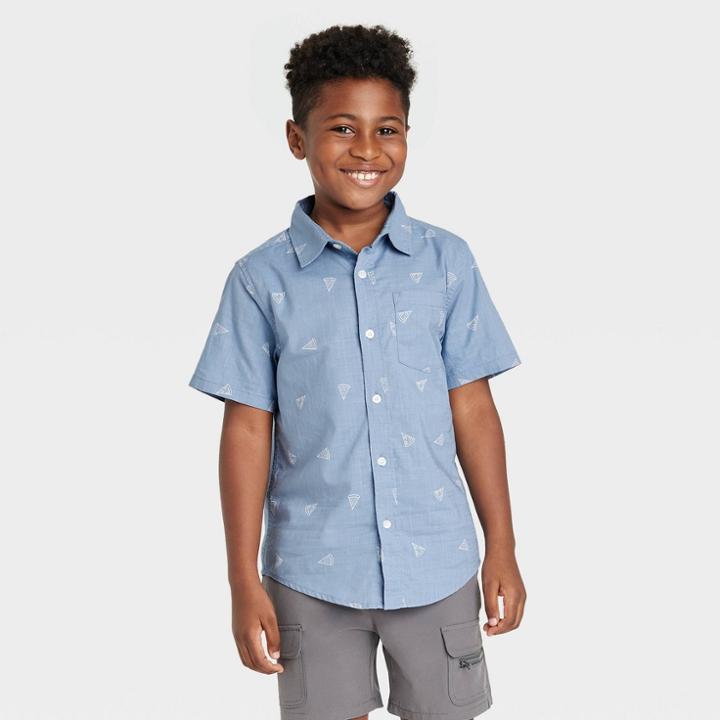 Boys' Pizza Print Chambray Short Sleeve Button-down Woven Shirt - Cat & Jack Blue
