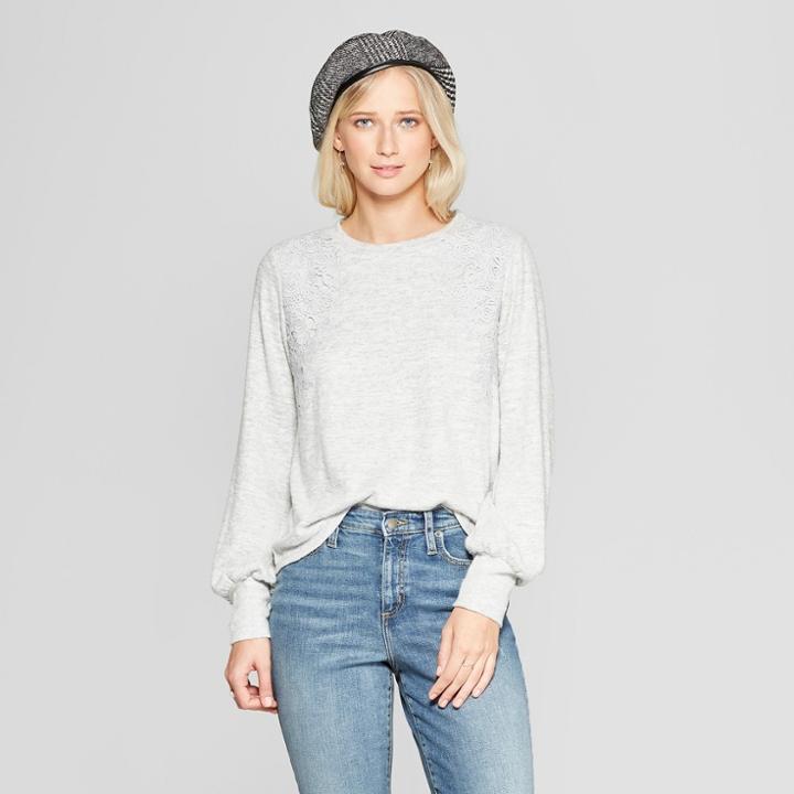 Women's Long Sleeve Lace Front Hacci Top - Xhilaration Heather Gray