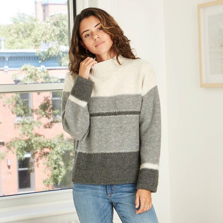 Women's Striped Mock Turtleneck Pullover Sweater - Universal Thread Gray