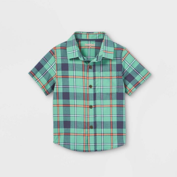 Toddler Boys' Plaid Woven Poplin Short Sleeve Button-down Shirt - Cat & Jack Green