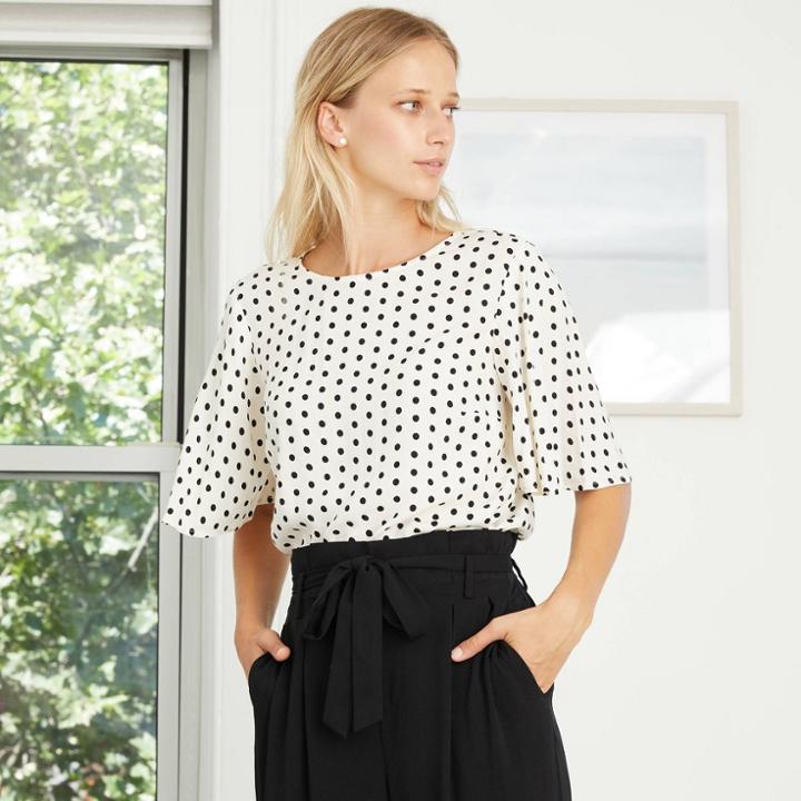 Women's Polka Dot Short Sleeve Woven T-shirt - A New Day White