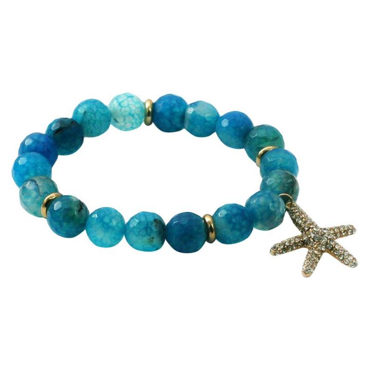 Women's Zirconite Starfish Charm Faceted Colored Stones Stretch Bracelet-blue, Blue